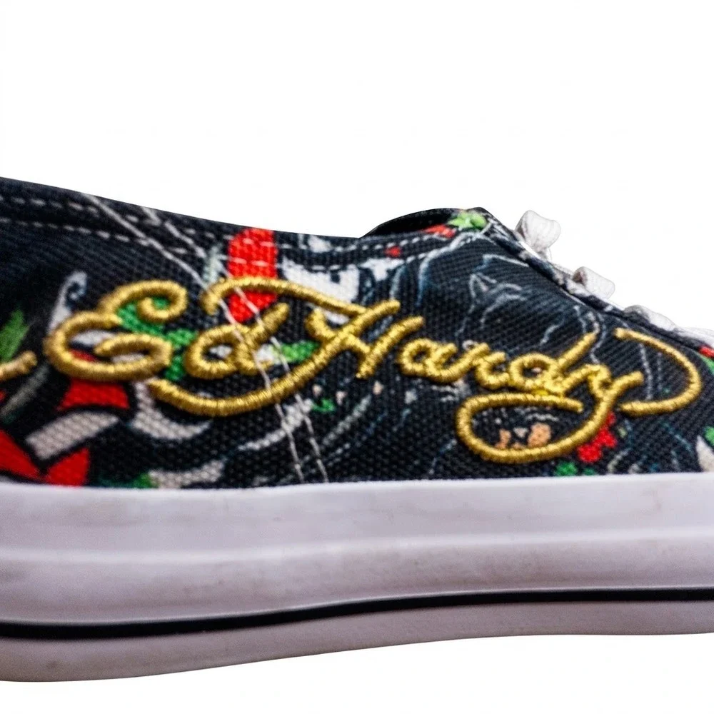 Y2K Ed Hardy Mens Tattoo Flash Graphic Print Canvas Low-Top Sneakers Black Sz 9